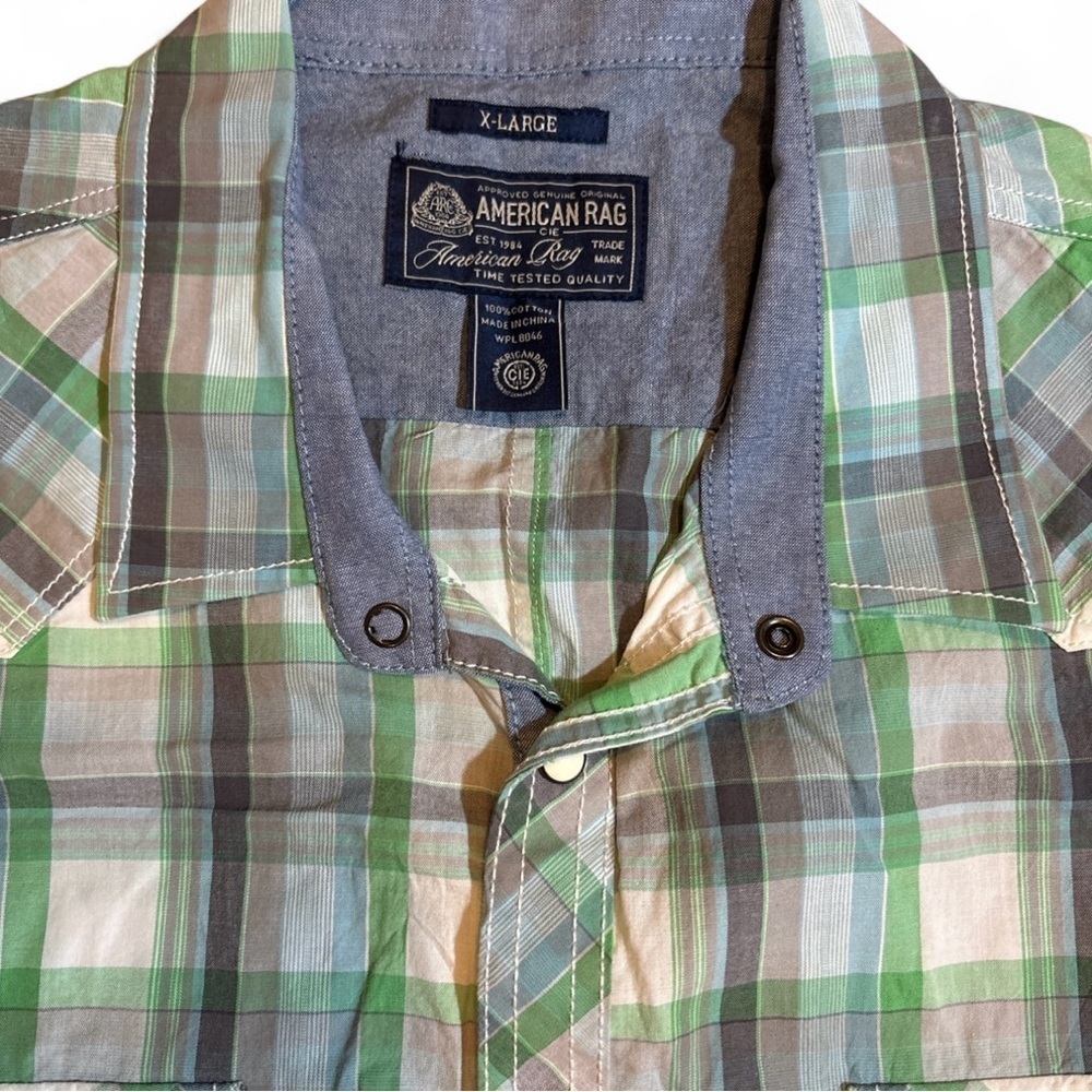 American Rag X-Large Plaid Western Shirt Green Gray Snap Front Pearl Buttons - Picture 3 of 3